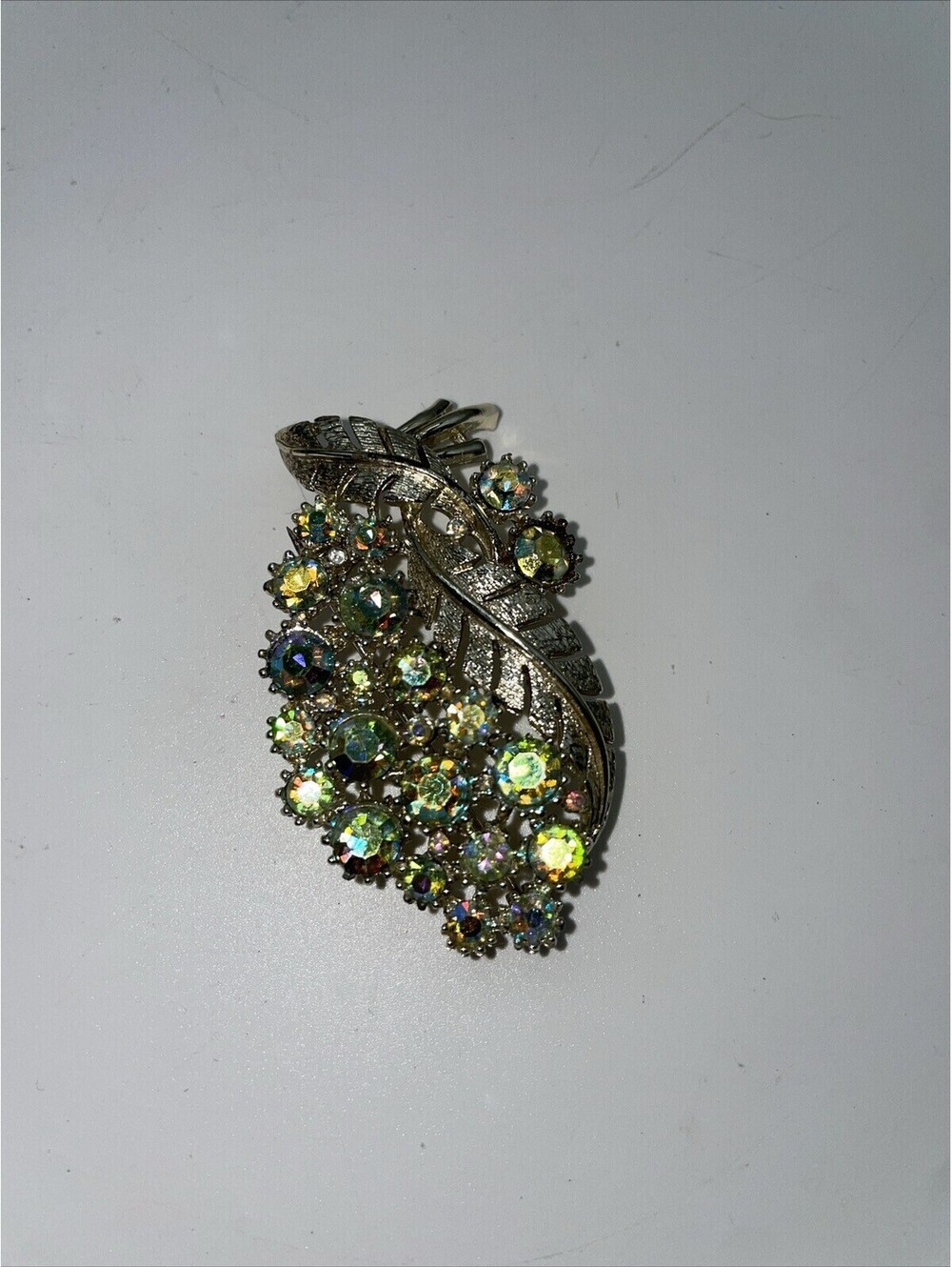 Vintage Coro Aurora Borealis Rhinestone Gold Tone Leaf Brooch Pin